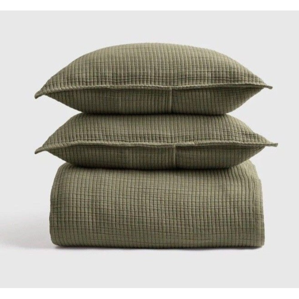 Quince Organic Ribbed Cotton Coverlet Set, Full/Queen, Olive